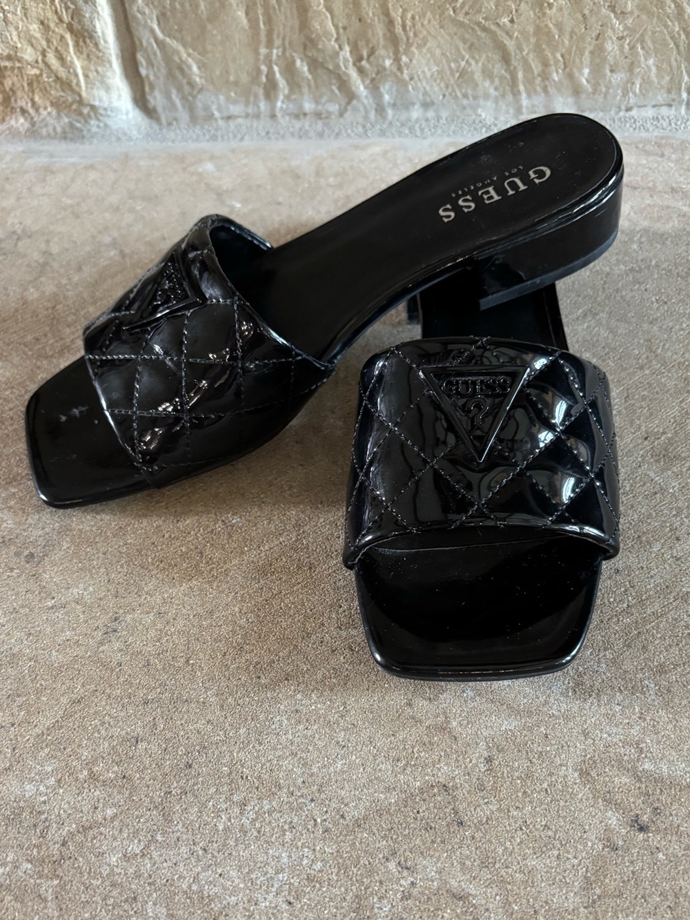 Guess Black Quilted Patent Slide Mules